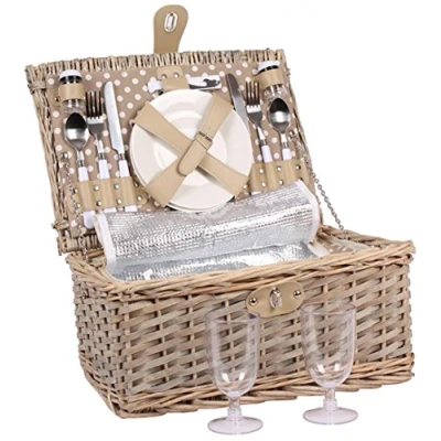 Afbeelding van 2 personen rieten picknickmand picknickkoffer set bestek, wijnglazen, borden