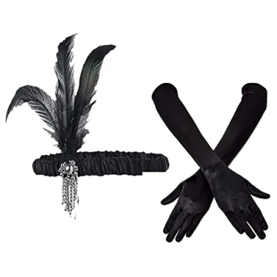 Afbeelding van Viksaun 2 stuks jaren 1920 flapper hoofdband accessoires set, vintage veer hoofdband, zwarte lange handschoenen, veren kostuum prom bruiloft carnaval feest, 20s haaraccessoires (2 stuks)