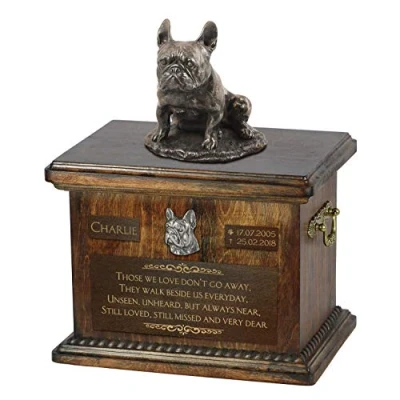 Afbeelding van Persoonlijke urn hond voor Franse Bulldog met beeldje hondenas.