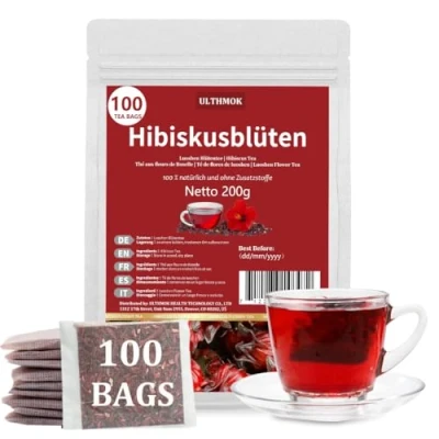 Afbeelding van ULTHMOK Premium Hibiscus Theezakjes 100% Pure Gedroogde Bloemen, Natuurlijk en Additief vrij, Cafeïnevrij 100 Theezakjes/200g