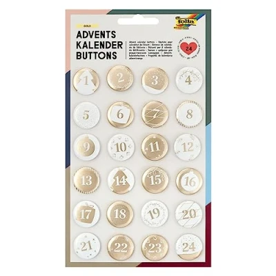 Afbeelding van folia 1219 Adventskalender buttons, parelmoer, 24 stuks, van metaal, voor het ontwerpen individuele adventskalender, wit/goud