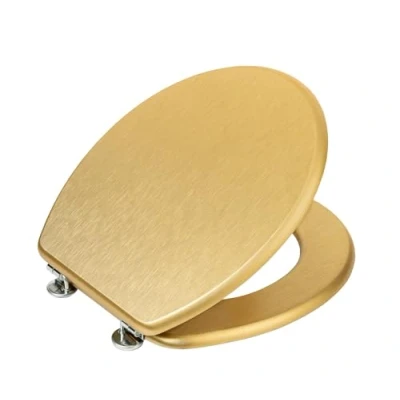 Afbeelding van WENKO Wc bril Aldeno Gold mat, toiletbril van MDF met roestvrijstalen bevestiging, folie, subtiele houten structuur, deksel: 37 x 41 cm