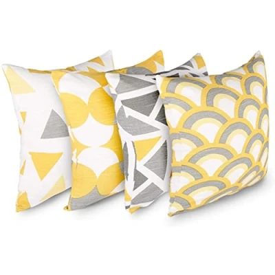 Afbeelding van Penguin Home 3434 100% Katoen Decoratieve Dubbelzijdige Vierkante Kussenhoezen Met Onzichtbare Rits 4 Delige Set, 45 cm Lengte x Breedte, Geel/Grijs Mix