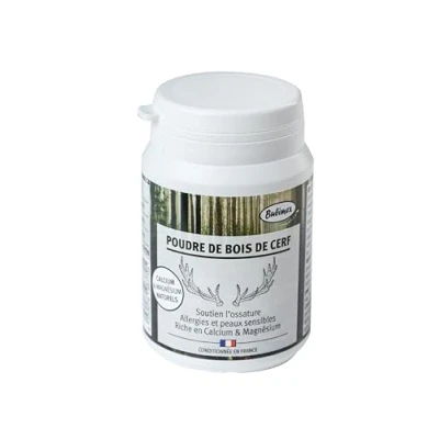 Afbeelding van Bubimex Hertengeweipoeder 100% natuurlijk voedingssupplement voor honden en katten rijk aan calcium magnesium botten nierfunctie 60 g