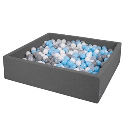 Afbeelding van KiddyMoon Vierkant ballenbad, 120 x 30 cm, 300 ballen met een diameter van 7 cm vierkante ballenbak voor baby&#039;s, speelbad peuters, gemaakt in de EU, donkergrijs: grijs/wit/transparant/babyblauw