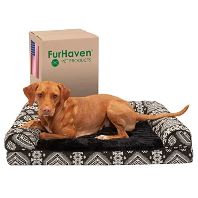 Afbeelding van Furhaven Grote Cooling Gel Foam Hondenbed Pluche &amp; Southwest Kelim Decor Sofa Style w/Verwijderbare Wasbare Cover Zwart Medaillon, Large