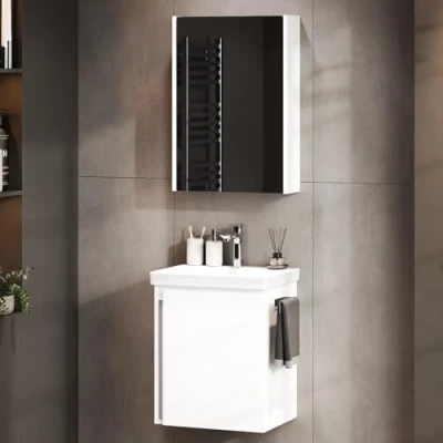 Afbeelding van Planetmöbel Wastafelonderkast met keramische wastafel en spiegelkast 50 cm in wit, moderne badkamermeubelset voor badkamer toilet