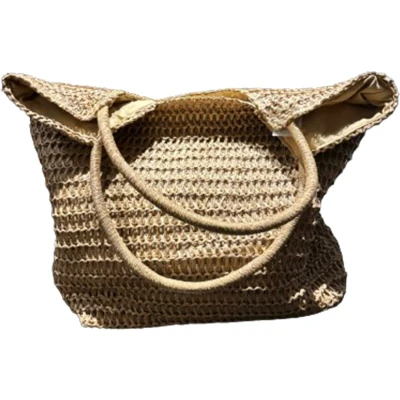 Afbeelding van Boodschappentas strandtas rieten tas nylon binnenafwerking met rits modieus trendy bruin/cognac kleur