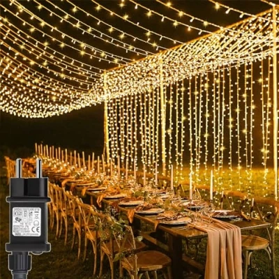 Afbeelding van Yowin Lichtgordijn, 6 m x 3 m, 600 leds, lichtketting, gordijn met stekker, 8 modi, kerstverlichting, waterdicht, waterval, lichtketting voor Kerstmis, bruiloft, binnen, buiten, oudejaarsavond, decoratie warmwit