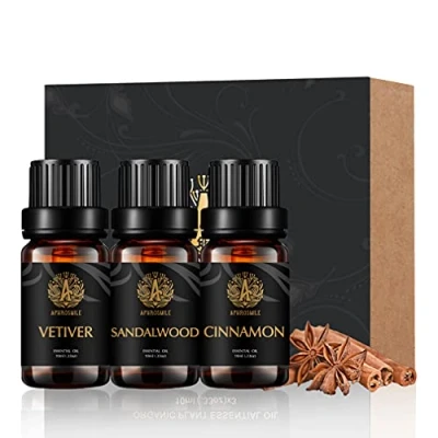 Afbeelding van Therapeutische kwaliteit Aromatherapie etherische Oliën Set Sandelhout Kaneel Vetiver Essentiële Kit, 100% Pure Geurende voor Diffuser, Massage, Luchtbevochtiger 3x10ml