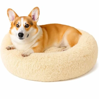 Afbeelding van Kalmerend kattenbed, donut pluizig pluche rond hondenbed, behaaglijk zacht wasbaar kussen, verwarmende huisdierbedden met antislip onderkant, anti angst binnen om te slapen, knuffelnest