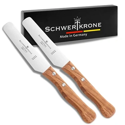 Afbeelding van Schwertkrone Solingen Ontbijtmes, set van 2, broodmes, botermes met gekartelde rand, houten handvat, olijfhout