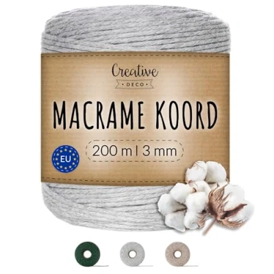 Afbeelding van Creative Deco Macrame Koord Katoenen Lichtgrijs 200 m 2 3 mm Dikte