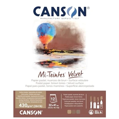 Afbeelding van CANSON Mi Teintes Velvet pastelpapier, fluweelachtig oppervlak, 430 g/m², blok op de korte zijde, 32 x 41 cm, 3 bruintinten, 12 vellen