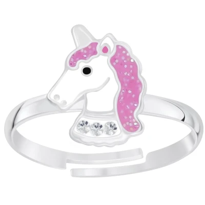 Afbeelding van JoyS Zilveren eenhoorn ring roze glitter unicorn verstelbaar voor kinderen