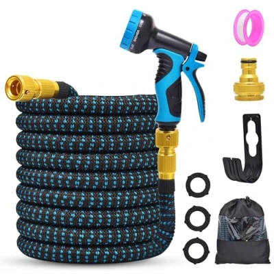Afbeelding van tuinslang 15 m/30 m/45 m flexibele waterslang met 3/4 inch en 1/2 massieve messing aansluitingen, 10 functiesproeiers, slang