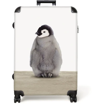 Afbeelding van NoBoringSuitcases.com® Koffer groot Reiskoffer lichtgewicht Pinguïn Vacht Grijs Kinderen Rolkoffer met 4 wielen Grote trolley XL 98 liter bagage