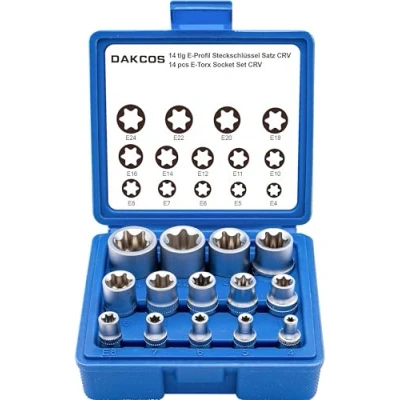 Afbeelding van DAKCOS 14 delige Torx dopsleutelset voor dames, doppen, E profiel, 1/4 inch, 3/8 1/2 E4, E5, E6, E7, E8, E10, E11, E12, E14, E16, E18, E20, E22, E24 in CR V met matte chromen