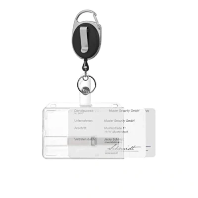 Afbeelding van ID Kaarthouder met badgejojo zwart incl. clip en karabijnhaak horizontaal van polycarbonaat voor twee pasjes schuifjes transparant