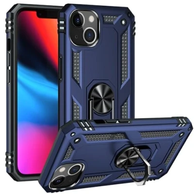 Afbeelding van Hoesje voor IPhone 13 Case Schokbestendige Beschermhoes met 360 Graden Draaibare Ring Rugged Bumper Shell Metalen Ringsteun Armor Shockproof Cover (IPhone 13, Blauw)