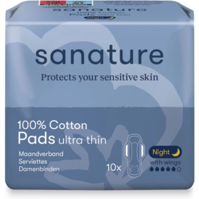 Afbeelding van Sanature Maandverband Ultra Night Met Vleugels 100% Katoenen 10 Stuks