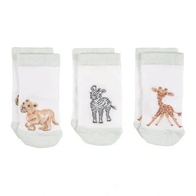 Afbeelding van Wrendale LTW SOCK005 Little Wren Babysokken, 3 paar, zebra, leeuw, giraf, wasbaar, 0 6 maanden, wit, Maanden