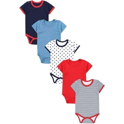 Afbeelding van TupTam Baby Jongens Romper met Korte Mouwen 5 Pack, Strepen Sterren Donkerblauw Rood Jeansblauw, 104