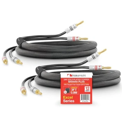 Afbeelding van Nakamichi Excel serie 24K vergulde bananenstekker 99,9% zuurstofvrij koper (OFC) zwaar gevlochten voor luidsprekerkabel versterker, in de muur CL2 beoordeeld Zwart (12AWG / 3ft 0,9 m) 2 Pack
