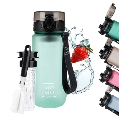 Afbeelding van MOMO WAY Drinkfles BPA vrije Tritan Waterfles Met Fruithouder En Flessenreiniger 1 klik sluiting Sportfles voor School Werk Outdoor Turkoois 600ml