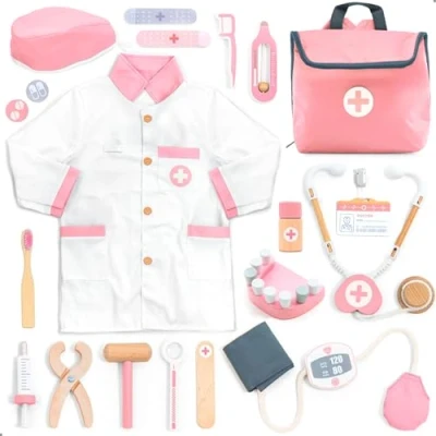 Afbeelding van UMU® Houten dokterskoffer kinderen speelset met stethoscoop, bloeddrukmeter, tandarts accessoires en meer, speelgoed voor rollenspel, 24 delig Medische kit meisjes vanaf 3, 4, 5