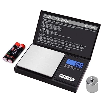 Afbeelding van UNIWEIGH Digitale gramweegschaal, 200 g, 0,01 elektronische smart mini zakweegschaal met 100 g kalibratiegewicht, voor granen, goud, sieraden, stroom, LCD