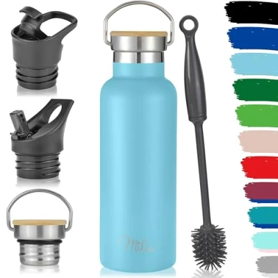 Afbeelding van Milu Roestvrijstalen drinkfles, 350 ml, 500 750 1000 ml (+ 3 deksels), thermosfles met rietje, geïsoleerde waterfles, lekvrije thermosbeker, dubbelwandig, hemelsblauw,