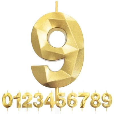 Afbeelding van 9e verjaardag kaarsen, nummer 9 kaars, gouden verjaardagskaarsen voor taart, diamant 3D Happy Birthday taartkaars decoraties verjaardagsfeestje bruiloft viering benodigdheden