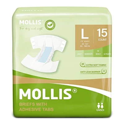 Afbeelding van MOLLIS Luiers voor volwassenen dames en heren, uniseks wegwerp incontinentieslip met lipjes, geurbestrijding, groot, 15 stuks