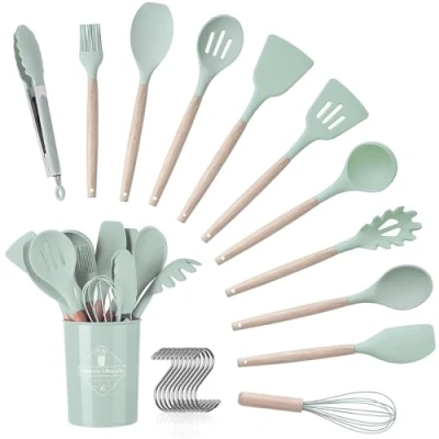 Afbeelding van Keukenhulpset, 12 delig, met bestekdoos, siliconen houten handvat, gezond, anti aanbaklaag, vaatwasmachinebestendig, hittebestendig ontwerp