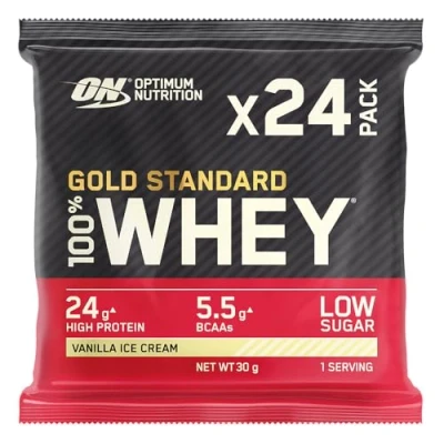Afbeelding van Optimum Nutrition Gold Standard 100% weiproteïnepoeder voor spieropbouw en regeneratie met natuurlijke glutamine BCAA aminozuren, Vanilla Ice Cream, 24 verpakkingen, x 30 g