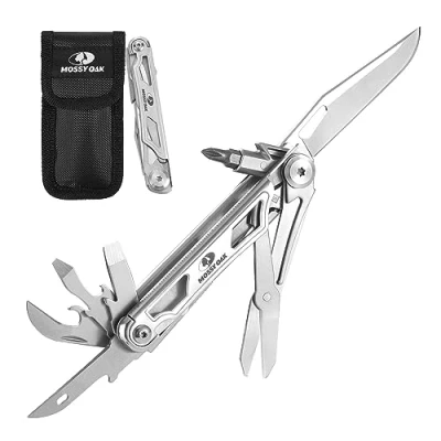 Afbeelding van Mossy Oak zakmes 12 in 1, opvouwbaar multitool roestvrijstalen vouwmes, multifunctioneel gereedschap met mes schaar schroevendraaier flesopener voor snijreparaties, riemclip draagtas