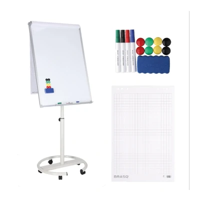 Afbeelding van BRASQ Flipover Verrijdbaar Deluxe 70x100 cm Verstelbaar Whiteboard Inclusief 25 vellen papier en accessoires met Uitschuifbare Armen Magnetisch bord Haken Magneetbord Wit