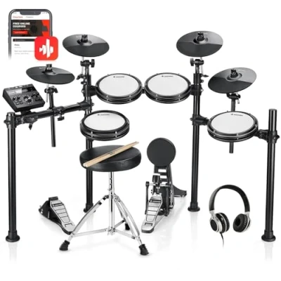 Afbeelding van Donner DED200X E drumset, drums met stille mesh drumpads, 2 bekken choke, 31 kits en meer dan 450 geluiden, troon, hoofdtelefoon, sticks, USB MIDI, melodieënonderwijs (5 pads, 4 bekken)