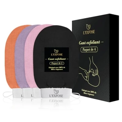 Afbeelding van L&#039;Exfose 4 x scrubhandschoen voor lichaam en gezicht, Kessa handschoen van natuurlijke viscose, verwijdert dode cellen, hydrateert de huid, spa sensatie thuis, perfect cadeau Moederdag