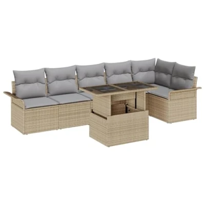 Afbeelding van vidaXL 7 delige tuinbankset met kussens in beige poly rattan