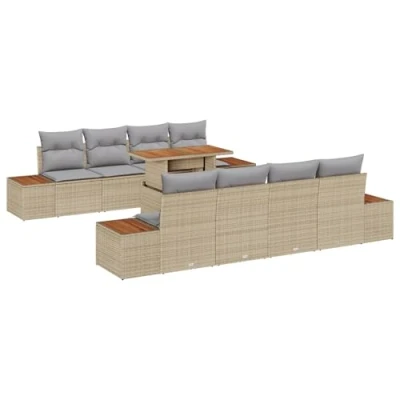 Afbeelding van vidaXL 9 Piece Tuin Sofa Set met Kussens Beige Poly Rattan, 2 Zitter Rattan