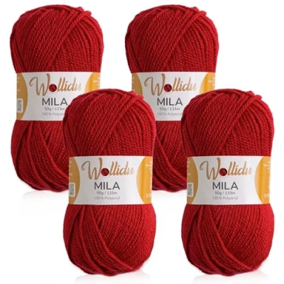 Afbeelding van Wollidu Mila garen voor haken en breien, 4 x 50 g/133 m, breigaren, 100% polyacryl, haakgaren, kersenrood