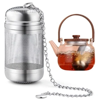 Afbeelding van MsTeco Theezeef 316 roestvrij staal, extra fijne theefilter van geschikt voor losse thee infuser met kettinghaak om op te hangen, theepotten, kopjes, theeflessen