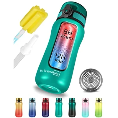 Afbeelding van Thermo Minny roestvrijstalen waterfles lekvrij met rietje of zeef 400ml, 600ml robuuste voor kinderen en volwassenen (turquoise, 400 ml)