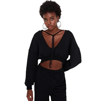 Afbeelding van Trendyol Zwart Dik Gebreid Sweatshirt Met Capuchon En V Hals Van Dikke Fleece Aan De Binnenkant Twoaw23Sw00096