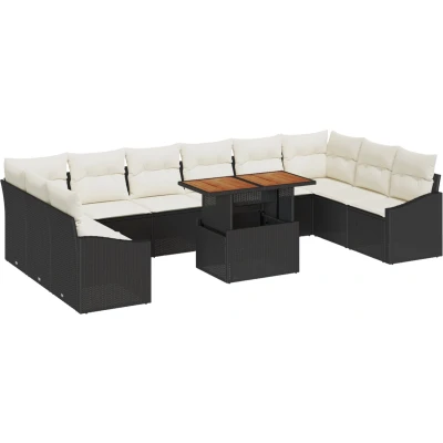 Afbeelding van vidaXL 11 Delige Tuin Eetset met Kussens Zwart Poly Rattan Acacia