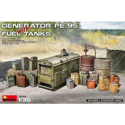Afbeelding van 1:35 MiniArt 35662 PE 95 Generator met Brandstofvaten Drums en JerryCans Plastic Modelbouwpakket