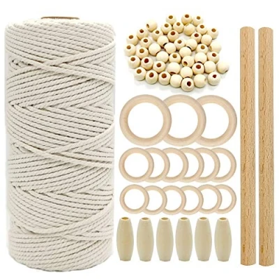 Afbeelding van suo long Mamcramekit voor beginners en volwassenen, macramé starterskit, koord van 3 mm, met houten kralen stokken, ringen, wandophangkit, macraméplantenhangers, kit instructies