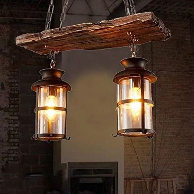 Afbeelding van E27 Industriële retro hanglamp massief hout eettafel lamp antieke versnellingsverlichting woonkamer kroonluchter in hoogte verstelbare slaapkamer bar decoratie plafondverlichting (2 vlammen B)